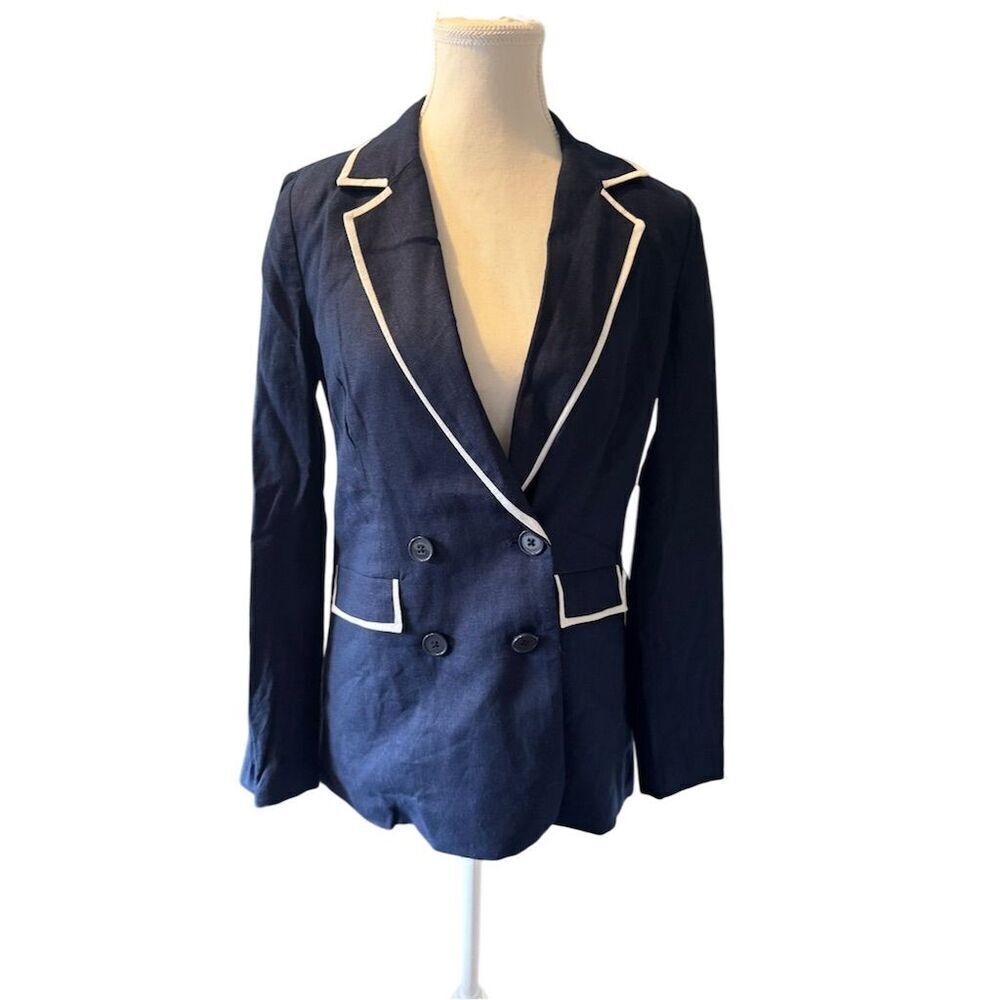 Halogen Women's XS Blue Blazer with White‎ Trim Business Dark Academia